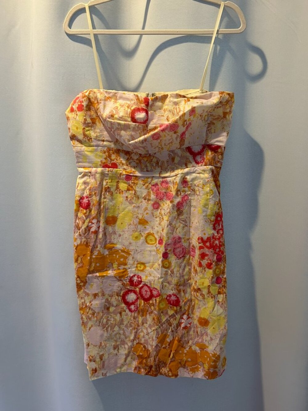 Watercolor Floral Strapless Sheath Mini Dress – Pink, Orange & Yellow